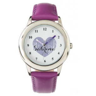 Cute Kind horloge met paarse hart- en meisjesnaam