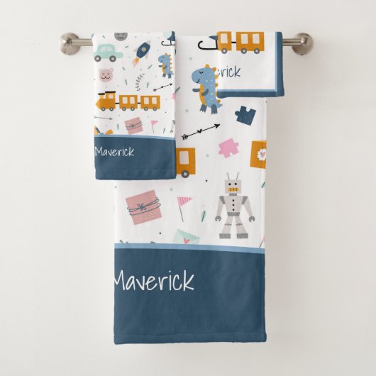 Cute Kind Pattern Foto and Name Boy Blue Bathroom Bad Handdoek (Insitu)
