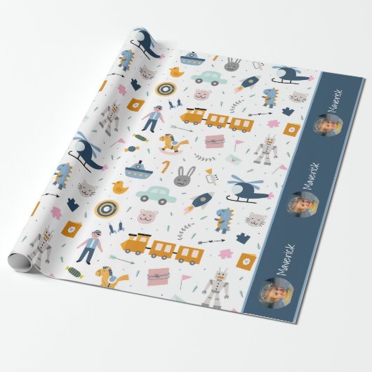Cute Kind Pattern Foto and Name Boy Blue Cadeaupapier (Uitgerold)