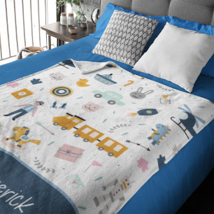 Cute Kind Pattern Foto and Name Boy Blue Fleece Deken