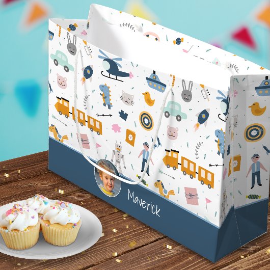 Cute Kind Pattern Foto and Name Boy Blue Groot Cadeauzakje