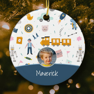 Cute Kind Pattern Foto and Name Boy Blue Kerstmis Keramisch Ornament