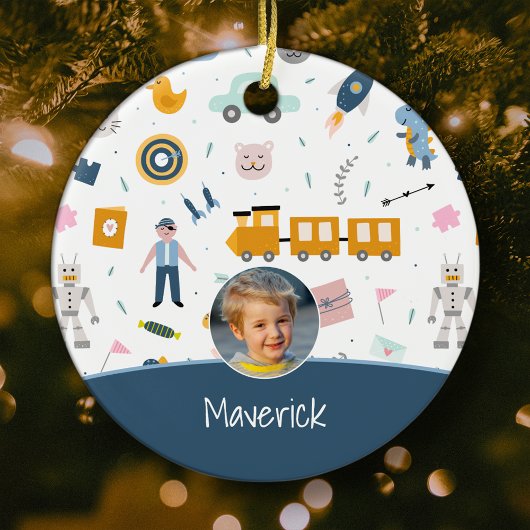 Cute Kind Pattern Foto and Name Boy Blue Kerstmis Keramisch Ornament