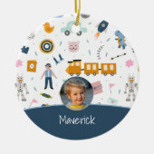 Cute Kind Pattern Foto and Name Boy Blue Kerstmis Keramisch Ornament (Voorkant)