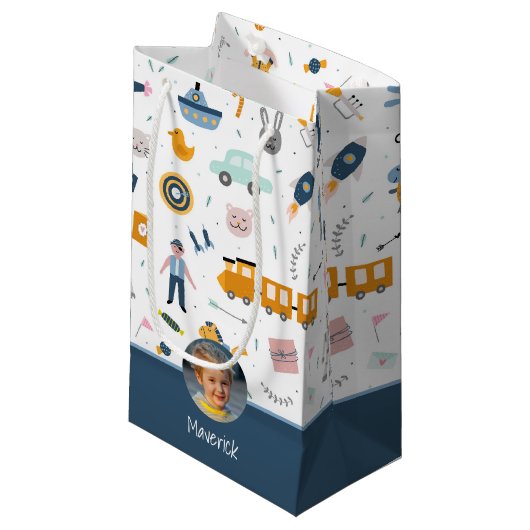 Cute Kind Pattern Foto and Name Boy Blue Klein Cadeauzakje (Voorkant Gekanteld)