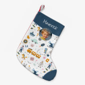 Cute Kind Pattern Foto and Name Boy Blue Kleine Kerstsok (Voorkant (Hangend))