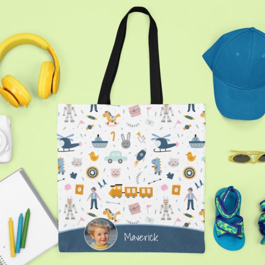 Cute Kind Pattern Foto and Name Boy Blue Shopping Draagtas