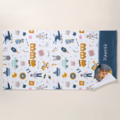 Cute Kind Pattern Foto and Name Boy Blue Strandlaken (Voorkant)