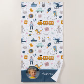 Cute Kind Pattern Foto and Name Boy Blue Strandlaken (Voorkant)