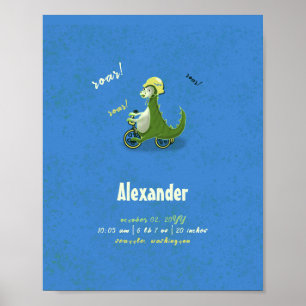 Cute Kinder Green Dinosaur op Trike Boy Birth Stat Poster