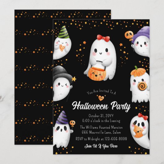 Cute Kinder Halloween Party Invitation Kaart (Voorkant / Achterkant)
