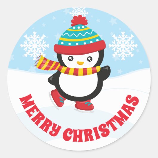 Cute Kinder Ice Skating Penguin Merry Kerstmis Ronde Sticker (Voorkant)