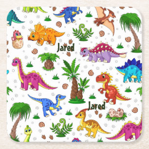 Cute Kinder Name Seamless Pattern Dinosaur Vierkante Kartonnen Onderzetter