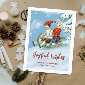 Cute Kinder Sledding Scene | Joyful Wishes Feestdagenkaart