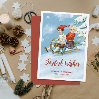 Cute Kinder Sledding Scene | Joyful Wishes Feestdagenkaart