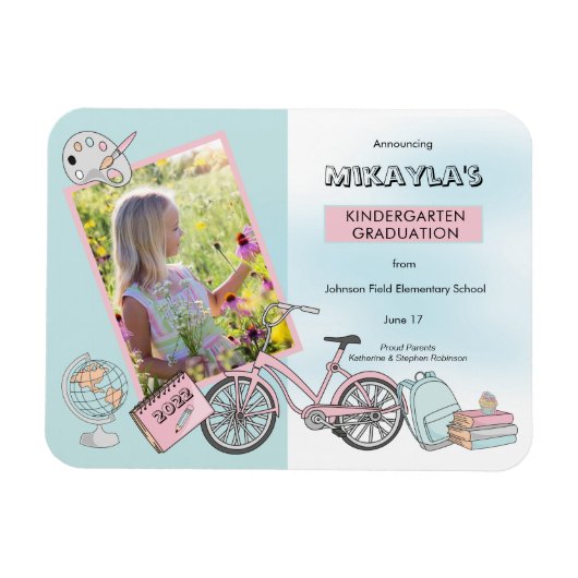 Cute Kindergarten Fotoroze | Blauw Afstuderen Magneet (Horizontaal)