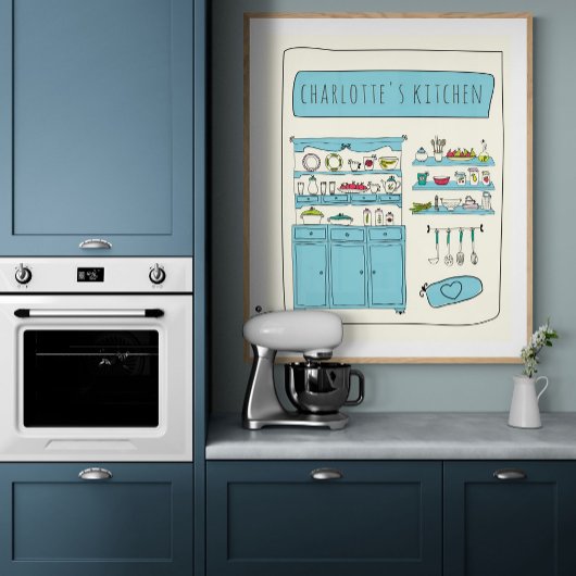 Cute Kitchen Illustration Blue Personalized Name Poster
