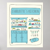 Cute Kitchen Illustration Blue Personalized Name Poster (Voorkant)