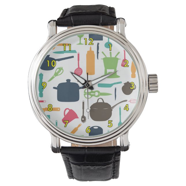 Cute Kitchen Tools Silhouette Illustratie Horloge (Voorkant)