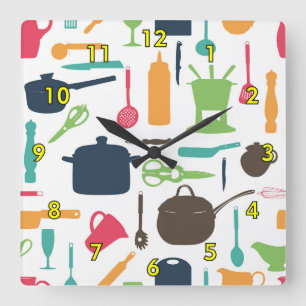Cute Kitchen Tools Silhouette Illustratie Vierkante Klok
