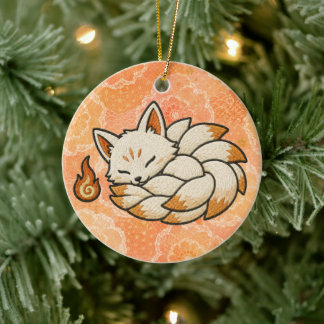 Cute Kitsune Nine Tailed Fox Japanese Folklore Keramisch Ornament