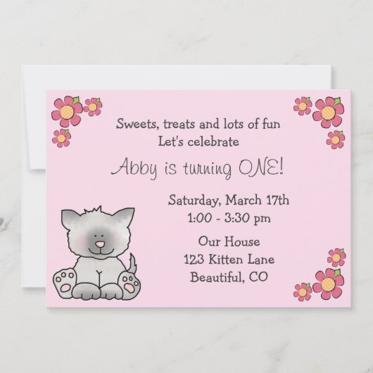 Cute Kitten 1er Anniversaire Invitation pour fille (Devant)