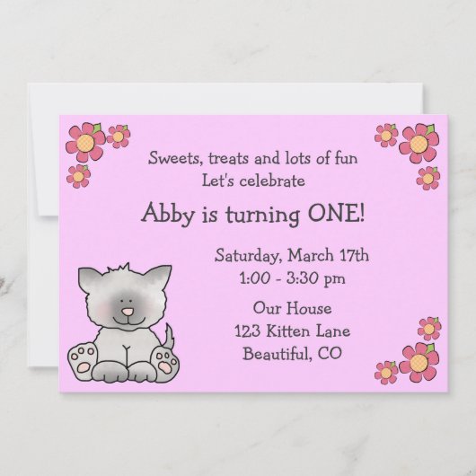 Cute Kitten 1er Anniversaire Invitation pour fille (Devant)