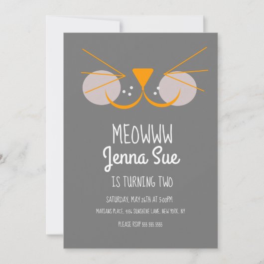 Cute Kitten Anniversaire Fête Grey Chat Invitation (Devant)