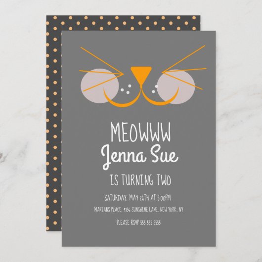 Cute Kitten Anniversaire Fête Grey Chat Invitation (Devant / Derrière)