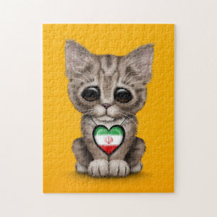 Cute Kitten Cat met Iraans vlaggenhart, geel Legpuzzel