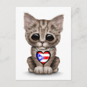 Cute Kitten Cat met Puerto Rico Flag Heart, wit Briefkaart