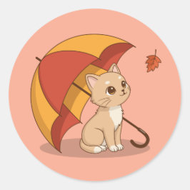 Cute Kitten Cat Red Yellow Umbrella Fall Pink Ronde Sticker