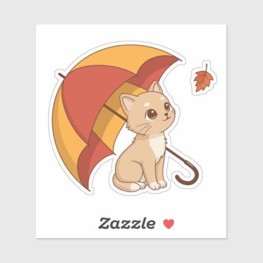 Cute Kitten Cat Red Yellow Umbrella Fall Sticker (Vel)