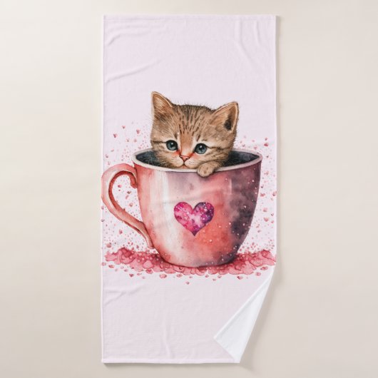 Cute Kitten dans un Teacup avec les coeurs (Serviette de bain)