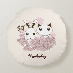 Cute Kitten en Bunny Dieren Vrienden Meisjes Kinde Rond Kussen