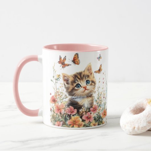 Cute Kitten en Fleurs - Adorable Chat Mug (Avec donut)