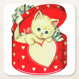 Cute Kitten Heart Cat Retro Kat Vierkante Kartonnen Onderzetter