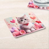 Cute kitten hearts flowers vierkante kartonnen onderzetter (Schuin)
