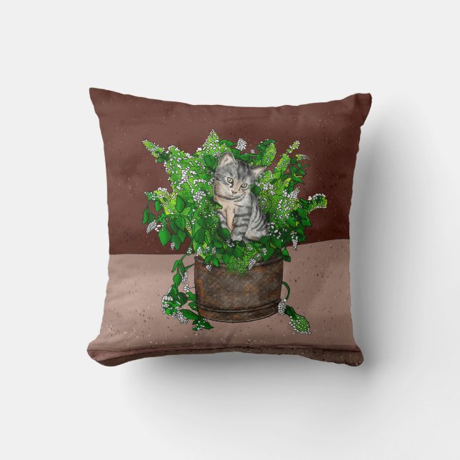 Cute Kitten in Catnip Antiek Pot Kussen (Voorkant)