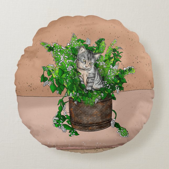 Cute Kitten in Catnip Antiek Pot Rond Kussen (Voorkant)