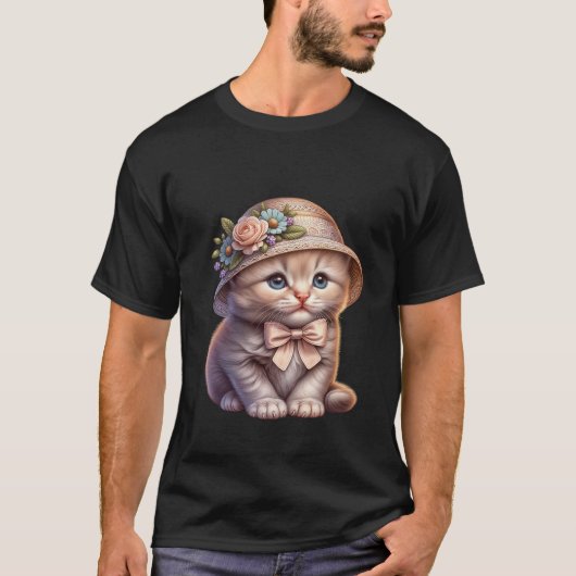 Cute Kitten in Floral Straw Hat & Bow ✨🐾👒 T-shirt (Voorkant)