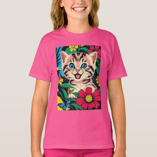 Cute Kitten in Pop Art Painting Style T-Shirt (Devant)
