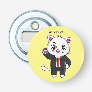 Cute kitten kat in business suit cartoon button flesopener