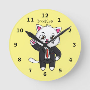 Cute kitten kat in business suit cartoon ronde klok