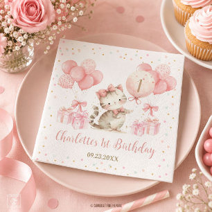 Cute Kitten Kat Roze Ballonnen 1e 2e 3e Verjaardag Servet