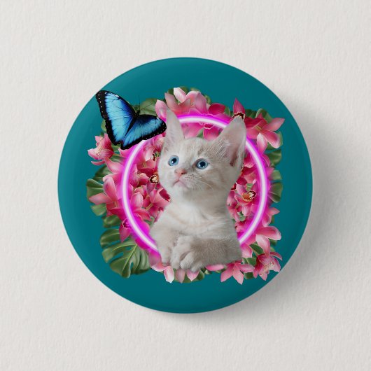 Cute Kitten met blauwe vlinder op neontropisch Ronde Button 5,7 Cm (Voorkant)