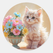 Cute Kitten met Pastelkleurige Bloemen Ronde Sticker (Voorkant)