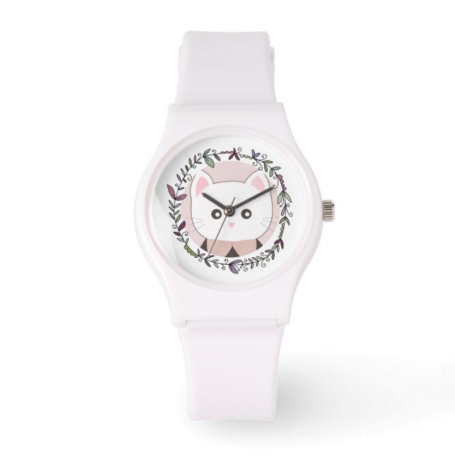 Cute Kitten, omgevormd door bloemen Horloge (Voorkant)