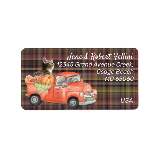Cute kitten op Autumn truck plaid custom Etiket (Voorkant)