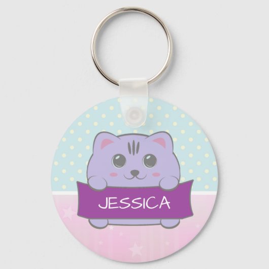 Cute Kitten Personalized Polka Dot Sleutelhanger (Voorkant)